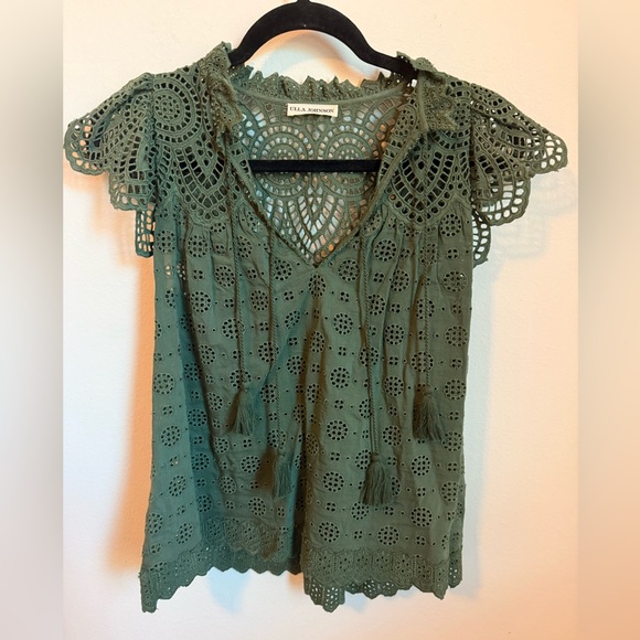 Ulla Johnson Green Ruffle Cap Sleeve Blouse - Picture 2 of 8